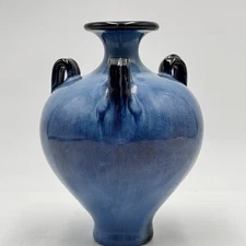 Arts & Crafts Fulper Style Pottery Vase 3-Handles Medium & Dark Blue Glaze 6”