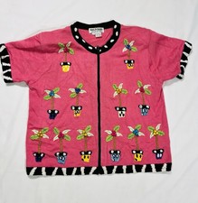 Vintage Embroided Knit Cardigan Sweater Jack B Quick Pink Plants Ugly Sweater