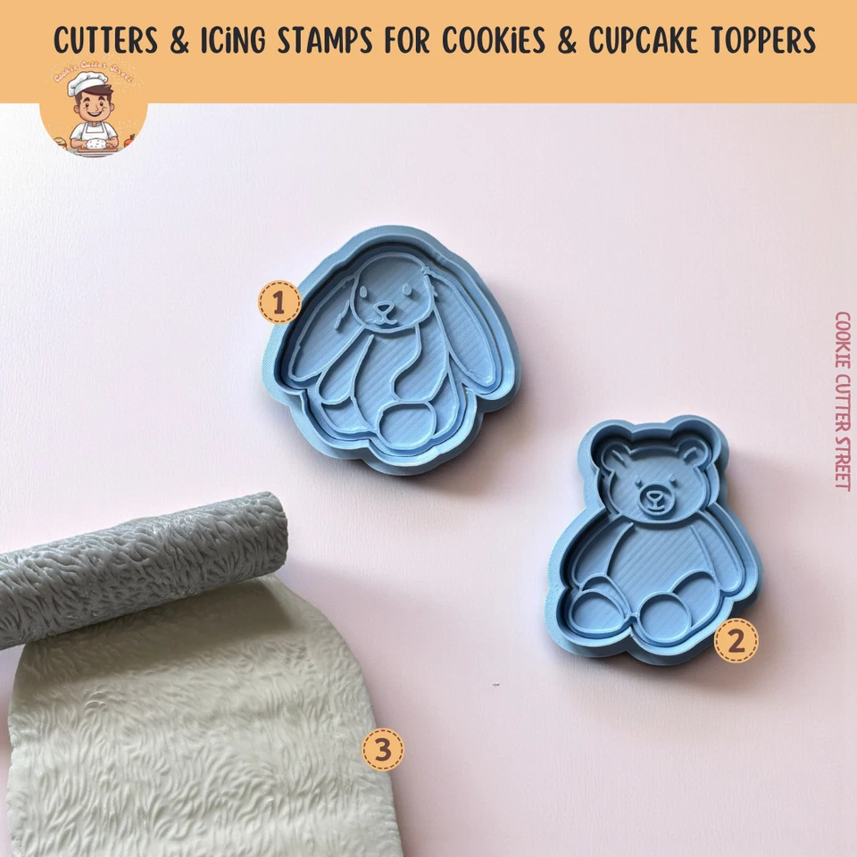 CUTTERS Jellycat Bunny & Bear inspired Cookie Cutter Icing Stamp Embossers. Various Size