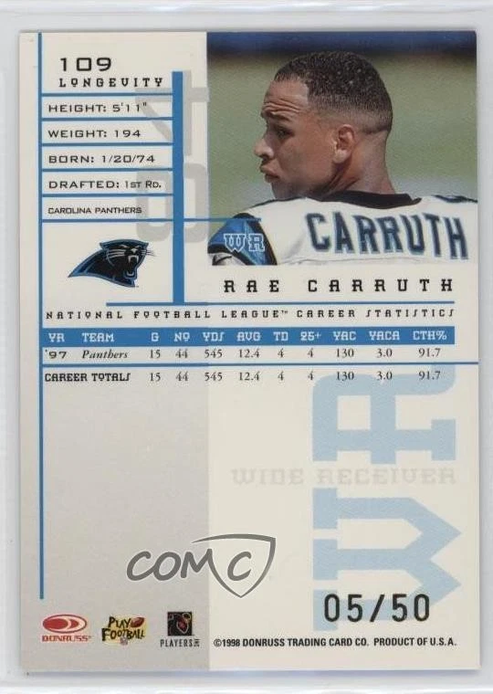 1998 Leaf Rookies & Stars Longevity /50 Rae Carruth #109 - Image 2 of 2