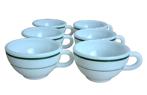 Retired Corning Opaque Milk Glass Coffee Cup green stripe Vintage Set Of 6