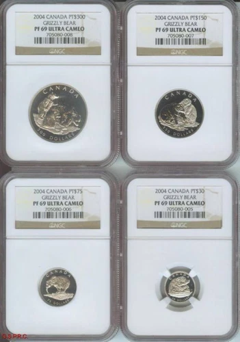 2004 CANADA GRIZZLY BEAR 4-COINS SET $300 150 75 30 PROOF PLATINUM NGC PR69 PF69