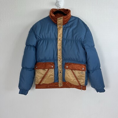 Vintage 70s The Line Colorblock Blue Mens Size Large Quilted Puffer Down Jacket