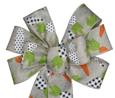 Small 5-6'' Hand Made Easter Carrot Wired Wreath Bow  - Bunny Rabbit Black White