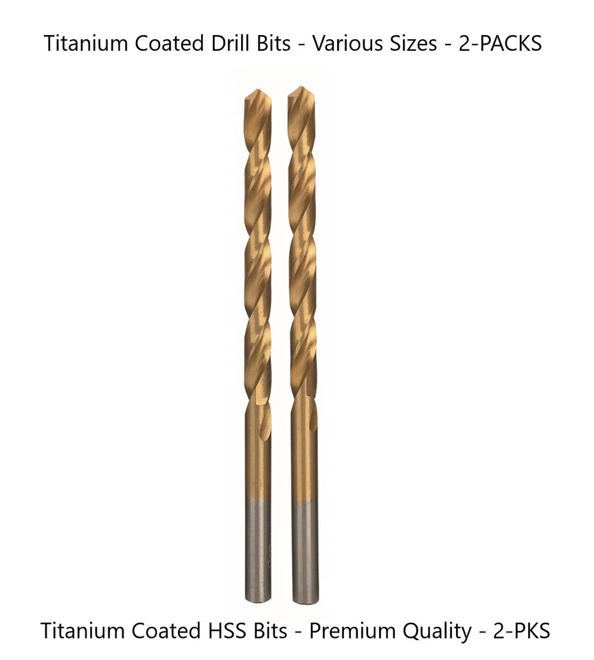 DRILLFORCE Drill Bits - HSS Titanium Coated - Various Sizes - 2-Packs - Free Shipping!