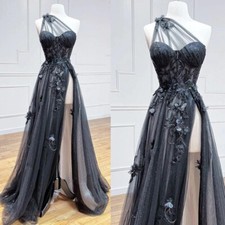 Vintage Gothic Wedding Dress One Shoulder Side Split Lace 3D Flowers Bridal Gown