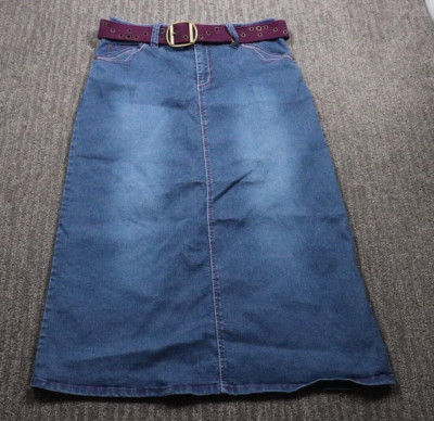 Y2K Vintage Denim Skirt Maxi Back Slit Thick Stitch Women's 14W(34x35) Belted