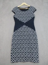 Beauport Dress Women S Blue White Geometric Sheath Bodycon Classic Retro Office