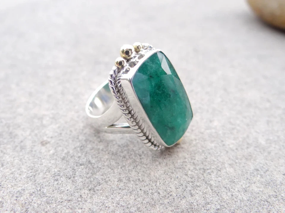 Anillo de berilo verde natural, plata de ley 925, anillo de cóctel, todos los tamaños 3 a 14 Foto 2 de 4