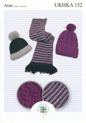 Aran Strickmuster Damen gerippt oder Zopf Bommel Mütze Tweed Schal UKHKA 152
