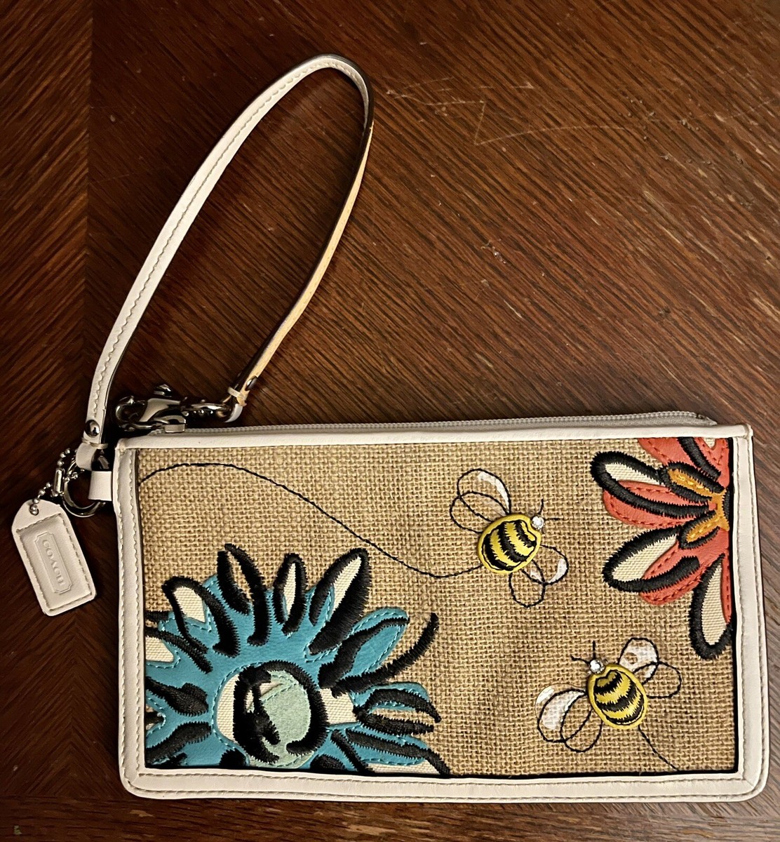Coach Wristlet Pouch Floral Bumble Bee Burlap Zip Leather Trim Vintage W20  New