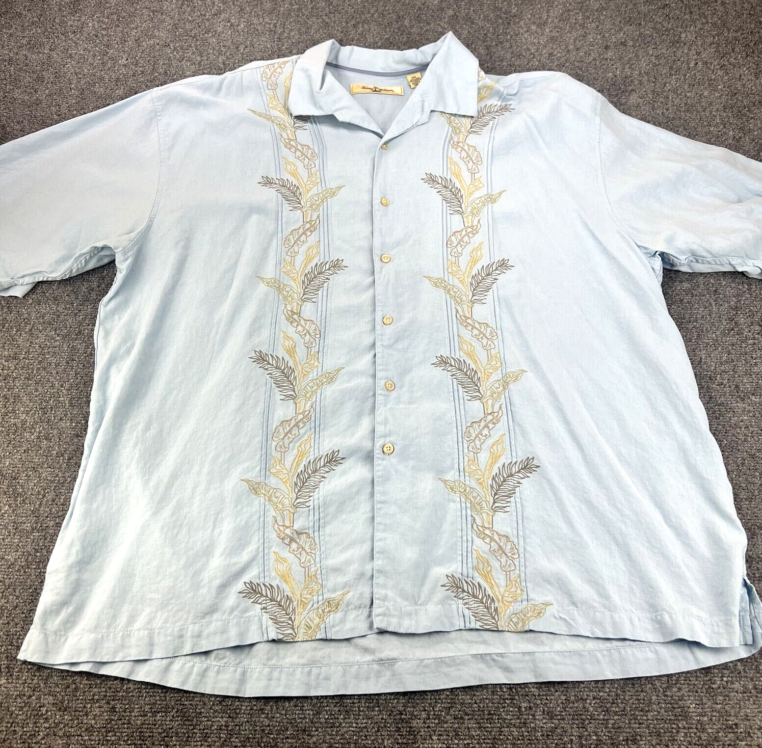 Tommy Bahama Guayabera Shirt Mens XXL Blue Floral Embroidered Hawaiian Linen