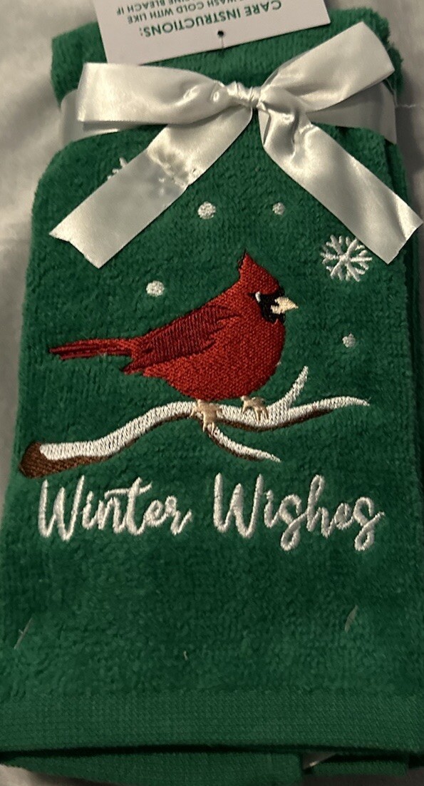 2 Embroidered Holiday Christmas Green Red Cardinals Terry Fingertip Towels