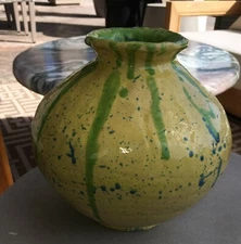 Studio Pottery Yellow Vase With Green Lines Signed Rose