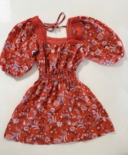 Forever 21 Boho Floral Crochet Detail Mini Dress Rust Orange Smock - Sz Medium