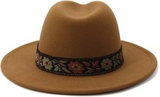 Men Women Classic Felt Fedora Wide Brim Hat Embroidery Panama Hat Rancher Hats