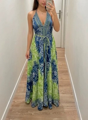 Boho langes Kleid Rückenfrei blau Seide Ibiza Chic Trend Sommer