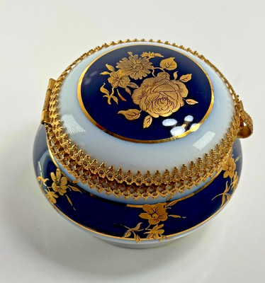 Vintage Leander 1946 China of Boheme Porzellan aufklappbare Schmuckschatulle blau & gold