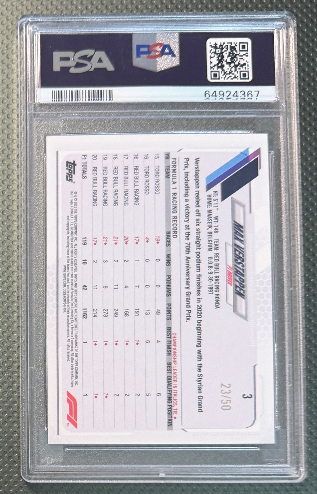 2021 Topps Chrome F1 Max Verstappen "Gold Checker Flag Refractor" PSA 9 #23/50 view 2