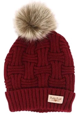 Pom Knit Hat Plush Lined Maroon Britt's Knits Women's New