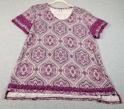 CATO Tunic Top Womens 14W 16W Plus All Over Print Short Sleeve Stretch Boho Knit