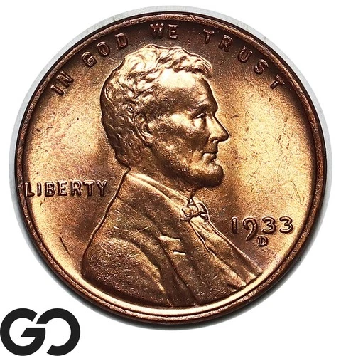 1933-D Lincoln Cent Wheat Penny, Lustrous Red, Gem BU++ RD