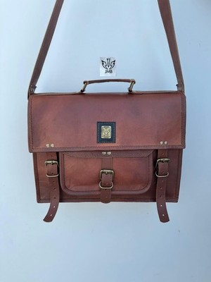 15''Large  Genuine Vintage Brown Leather Messenger Bag Shoulder Laptop Briefcase