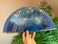VTG Spanish Hand Painted Floral Folding Fan Lacquered Wood Sticks Cotton Fabric