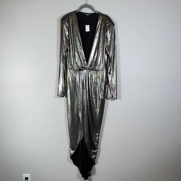 Nuevo con etiquetas Vestido Express Metálico Dorado Profundo Talla M Drapeado Manga Larga Alto Bajo Foto 2 de 4