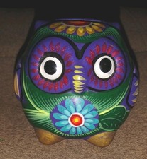 Tirelire ancienne céramique violette brillante hibou artisanal, made in Mexico argent