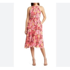Vince Camuto Pink Floral Halter Midi Dress Smocked Waist Sleeveless summer