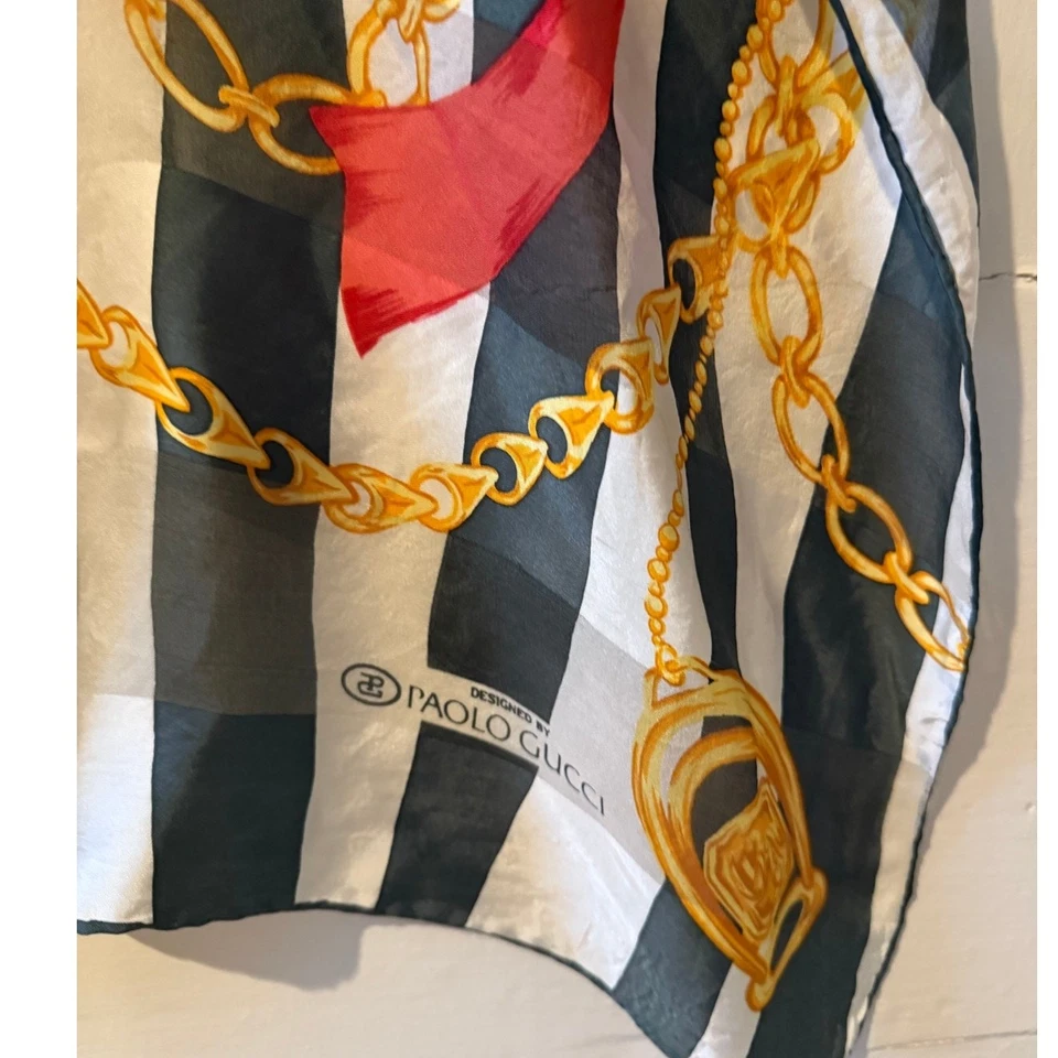 Paolo Gucci Bufanda Grande Seda Gasa Ecuestre Negro Blanco Estampado Foto 3 de 4