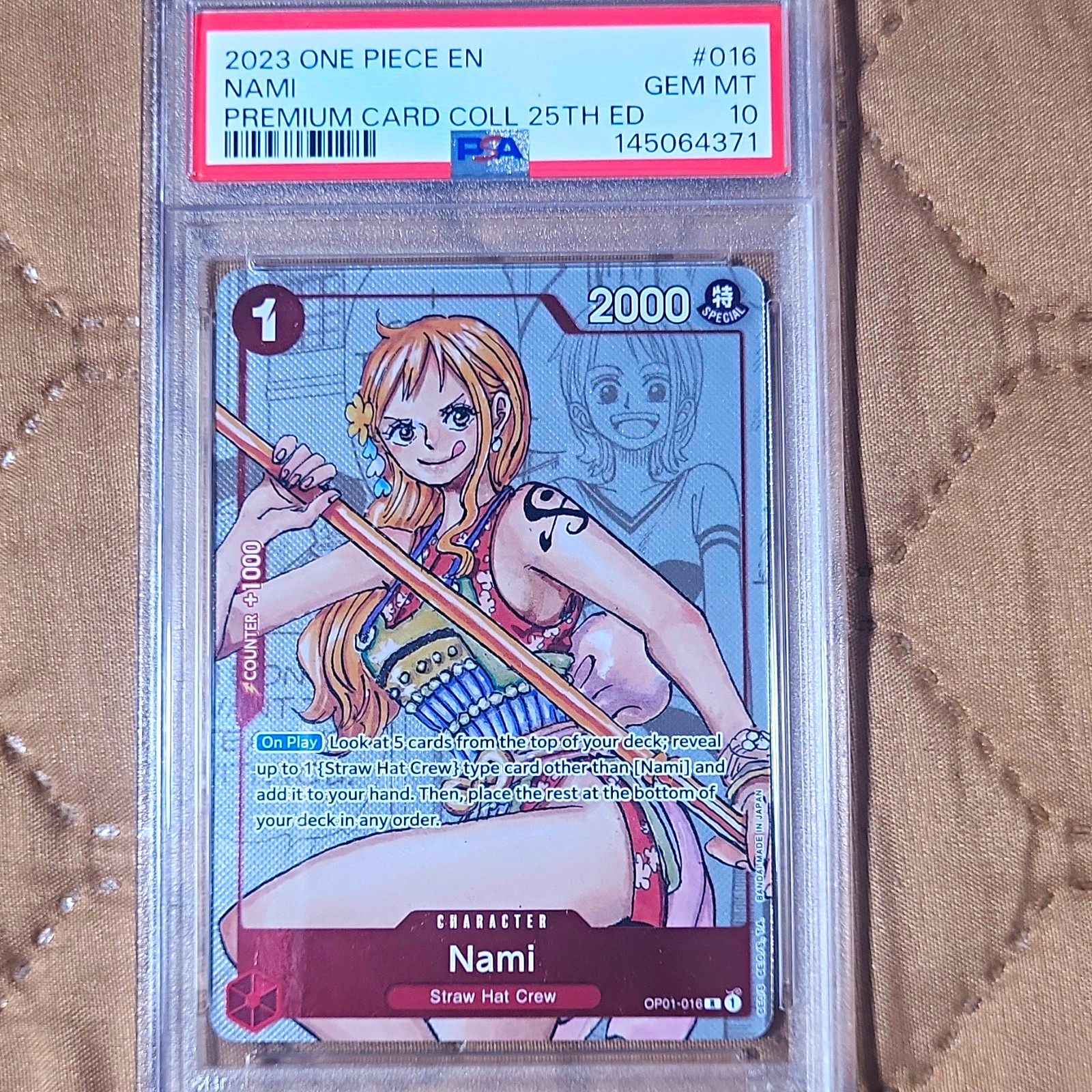 Bandai One Piece Card Game Nami OP01-016 Premium 25th Ed EN Foil PSA 10 view 1