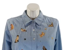 Vintage Quacker Factory Cats At Play Chambray Shirt Size Large A60425 Embroidery