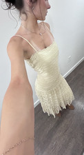 Ivory Lace Fit  Flare Sleeveless Midi Dress Scoop Neck Ruffle Women Size S