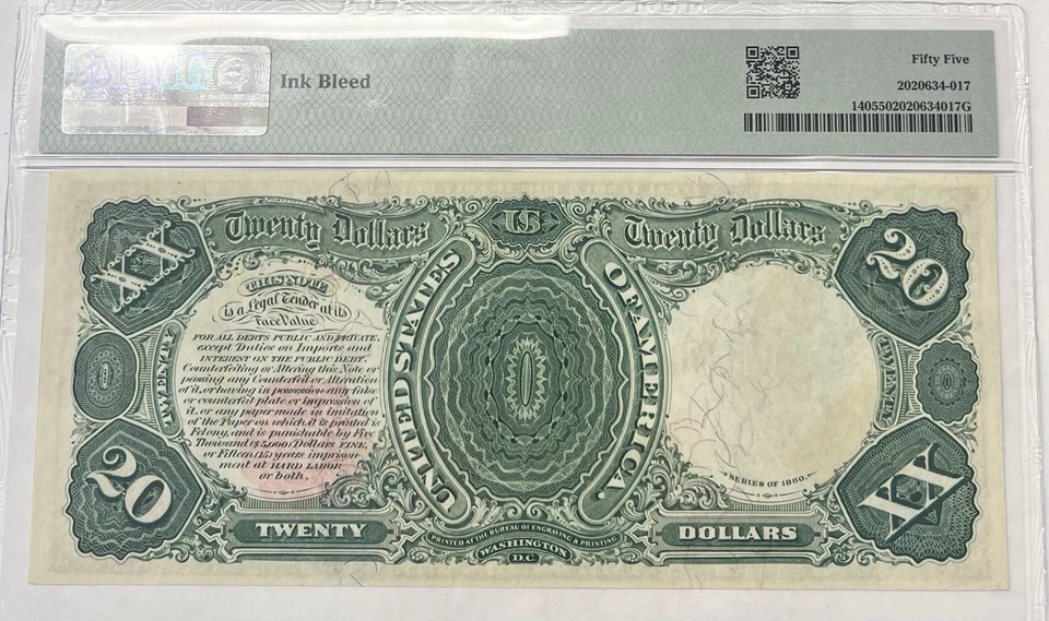1880 $20 Legal Tender Fr#140 PMG 55 About Uncirculated, Ink Bleed - Image 2 of 2