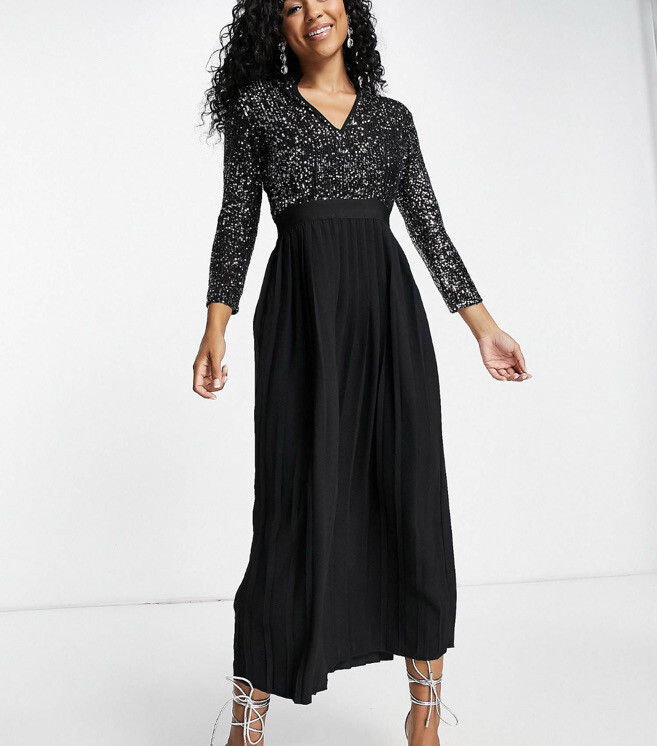ASOS Little Mistress Sequin Dress Pleated Long Sleeves Size 4 Women's Black  | eBay
