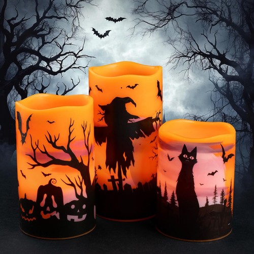 Halloween LED Candles Set of 3 - Flickering Flameless Pillar Candles with Timer - Picture 6 of 6