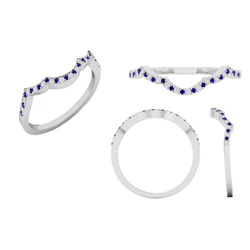 10K White Gold Blue Sapphire & White Diamond Ladies Wedding Band | Size 7 - Picture 5 of 5