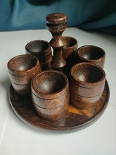VINTAGE 1950s turned Oak wooden treen set of 6 x egg cups on stand  Barrel Shape