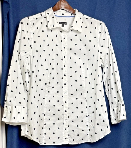 Talbots Women's SZ 10 White with Black Polka Dots Button-up Blouse: NOTE: Stains
