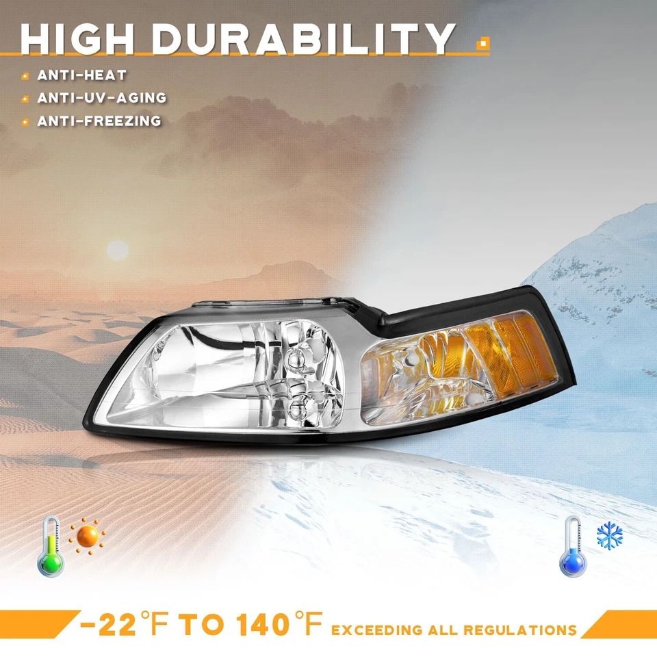 Pair Headlights Assembly For 1999-2004 Ford Mustang Chrome Headlamps, w/o Bulbs Foto 3 de 4