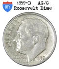 1959 D Roosevelt Dime 90% SILVER About Good/Good or Better (AG/G) *JB's Coins*