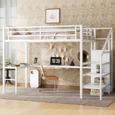 Full Size Loft Bed with L-shaped Desk and USB, Metal Loft Bed with Wardrobe