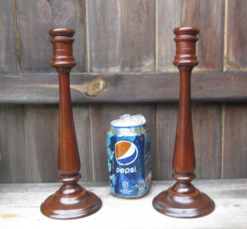 Pair Edwardian High Sheen Wooden Tapering Teardrop Column Candlesticks - Picture 1 of 4