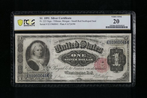 SC 1891 $1 Silver Certificate Fr.223 PCGS VF20 Strong Eye Appeal Red Seal (041)