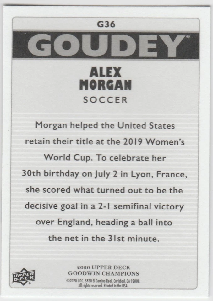 2020 ALEX MORGAN Upper Deck Goodwin Champions GOUDEY Variation #G36 - Image 2 of 2