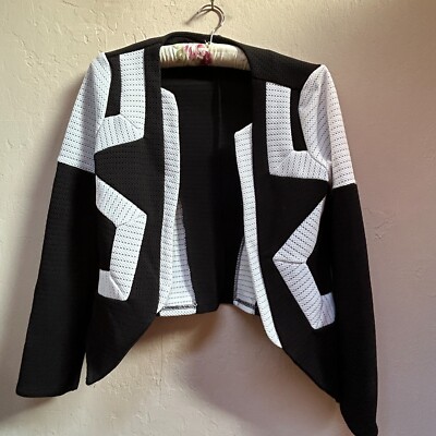 Poetry Women's Large Black White Colorblock Textured Open Knit Jacket Cardigan