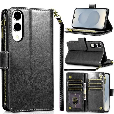For Samsung S25 Edge Case Luxury Phone Wallet Card ID Zipper + Tempered Glass