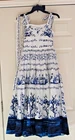 OSCAR DE LA RENTA Tiered Cotton Floral White Blue Midi Dress Size 36